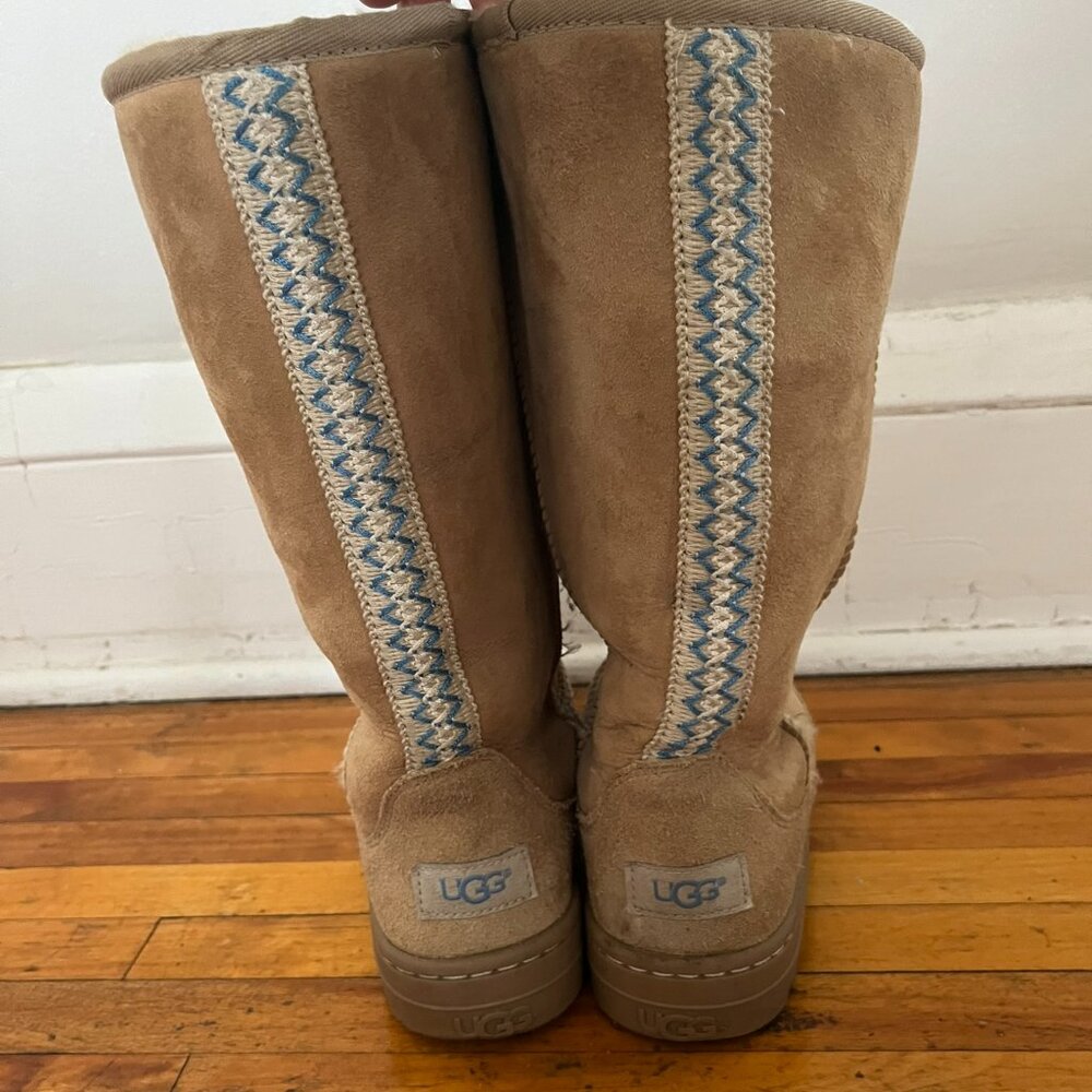 UGG Tall Tan Suede Winter Boot Blue Embroidery Sundance Sherpa Interior
